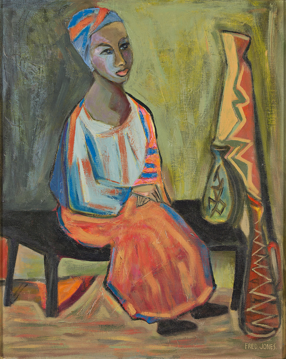 FREDERICK D. JONES (1914 - 2004) Seated Woman in African Dress with Sculpture.